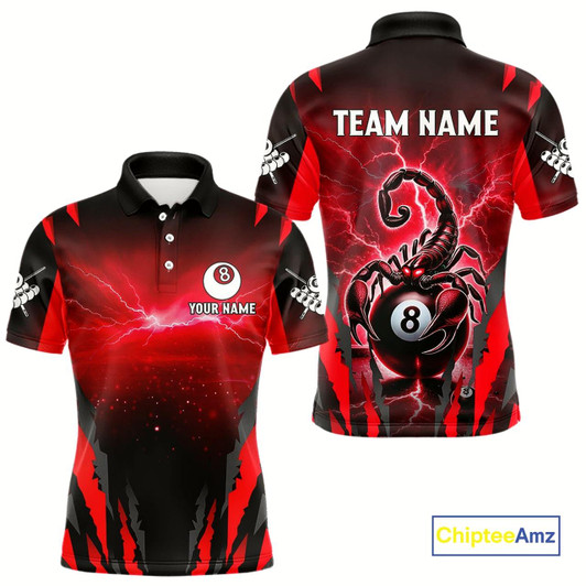 Goofygear Personalized Thunder Lightning Scorpion Billiard Shirt For Men, 8 Ball Billiard Team Jerseys Red