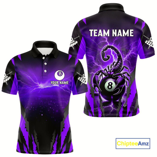 Goofygear Personalized Thunder Lightning Scorpion Billiard Shirt For Men, 8 Ball Billiard Team Jersey Purple Style 1