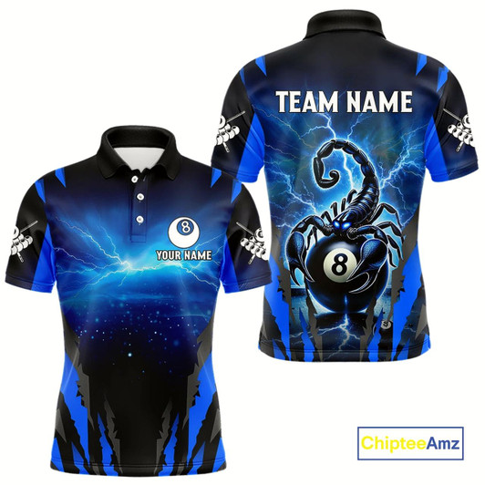 Goofygear Personalized Thunder Lightning Scorpion Billiard Shirt For Men, 8 Ball Billiard Team Jerseys Blue Style 2