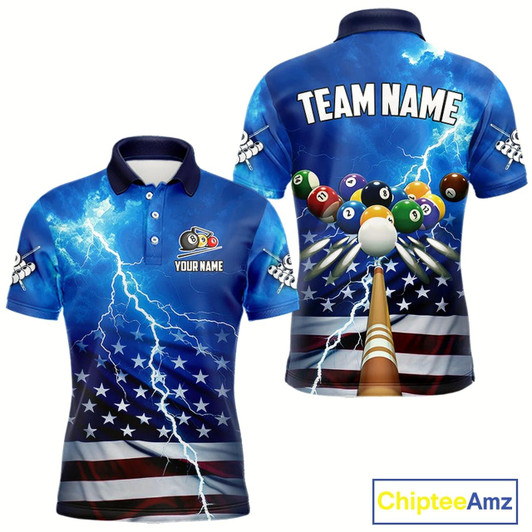 Goofygear Blue Thunder Lightning American Flag Billiard Shirt For Men Custom Patriotic Pool Balls Jersey Style 2
