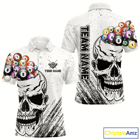 Goofygear Personalized White Grunge Billiard Balls Skull Pool Shirt For Men, Funny Billiard Team Jersey