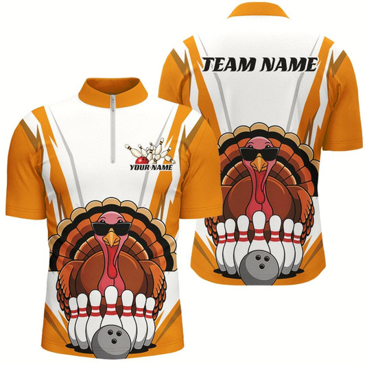 Goofygear White And Yellow Custom Funny Thanksgiving Turkey Bowling Shirts For Men Bowling Team Outfit