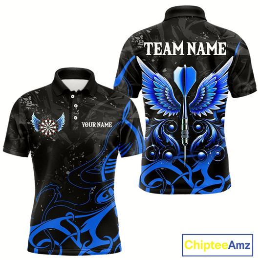 Goofygear Black And Blue Custom Wings Darts Shirt For Men, Darts Jersey Pocket Option