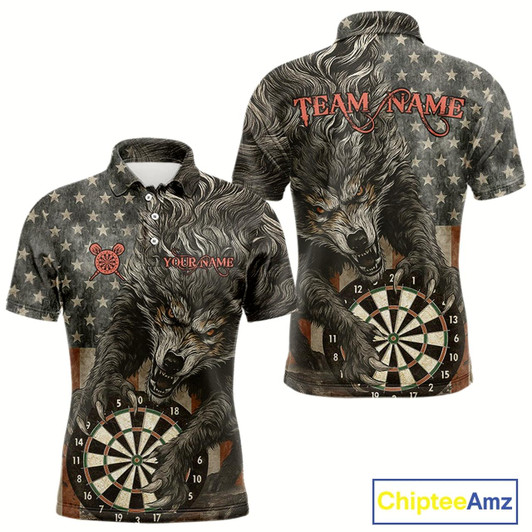 Goofygear Personalized Vintage American Flag Wolf Darts Shirt For Men, Patriotic Dart Team Jerseys