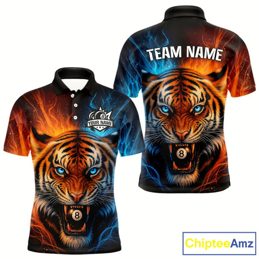 Goofygear Blue And Orange 8 Ball Pool Tiger Fire Billiard Shirt For Men Custom Billiard Team Jersey Outfit