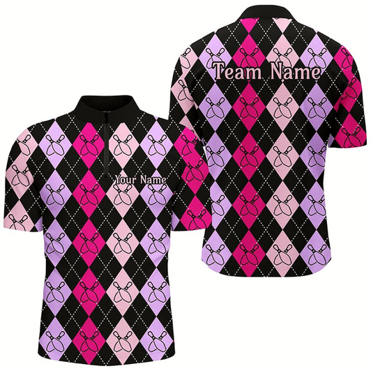 Goofygear Pink And Purple Argyle Pattern Bowling Shirts For Men, Custom Bowling Uniforms
