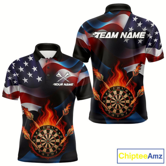 Goofygear Personalized Flaming Dartboard American Flag Darts Shirt For Men Custom Patriotic Dart Team Jersey
