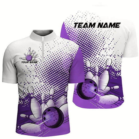 Goofygear White And Purple Diagonal Stripes Custom Bowling Shirts For Men, Bowling Team Uniform