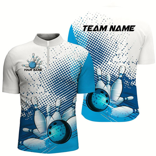 Goofygear White And Blue Diagonal Stripes Custom Bowling Shirts For Men, Bowling Team Uniform