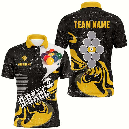 Goofygear Personalized Yellow Black 9 Ball Pool Men Billiard Shirts Custom Grunge 9 Ball Billiard Team Shirts