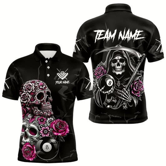 Goofygear Personalized Pink Funny Skull Roses 8 Ball Billiard Shirts For Men Custom Pool Team Shirts Style 1