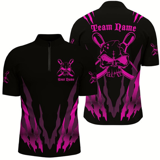Goofygear Custom Bowling Shirts For Men , Skull Bowling Team Shirts Bowling Pin Pink