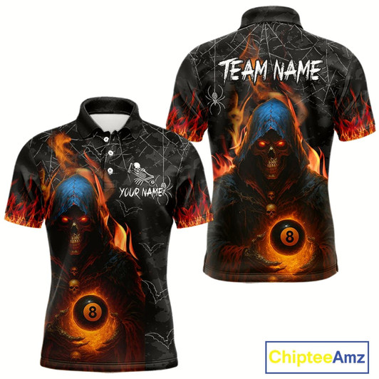 Goofygear Personalized Flaming Grim Reaper 8 Ball Pool Billiard Shirt For Men, Halloween Billiard Outfit
