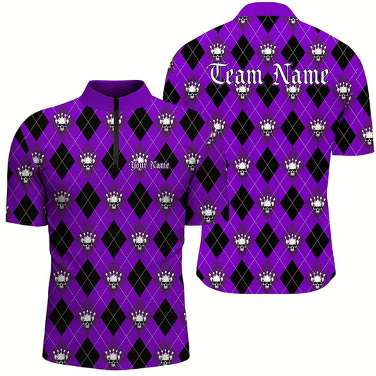 Goofygear Purple Argyle Pattern Custom Skull Bowling Shirts For Men, Halloween Outfit Bowling