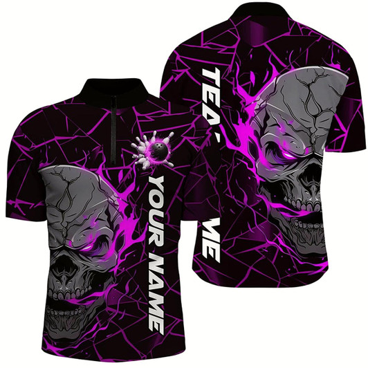 Goofygear Custom Purple Flame Skull Bowling Shirts For Men, Halloween Bowling Team Outfits