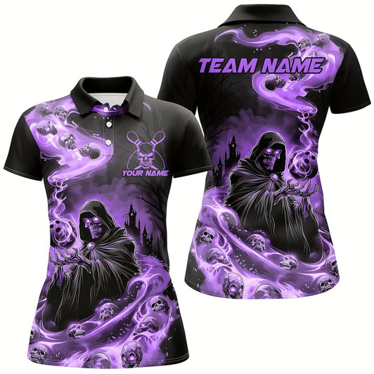 Goofygear Black And Purple Grim Reaper Custom Halloween Bowling Team Shirts For Men, Bowling Gifts Style 2