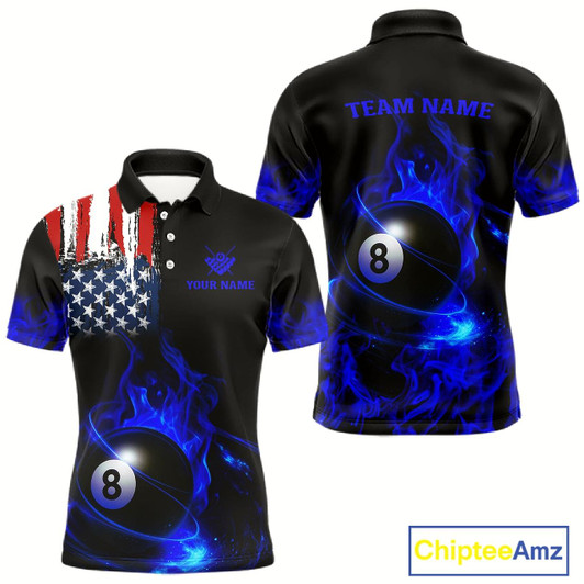 Goofygear Blue Flaming American Flag 8 Ball Billiard Shirt For Men Custom Patriotic Pool Team Jersey