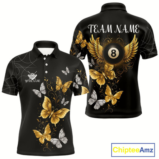 Goofygear Personalized Golden 8 Ball Wings Butterflies Billiard Shirt For Men Custom Funny Pool Team Jersey