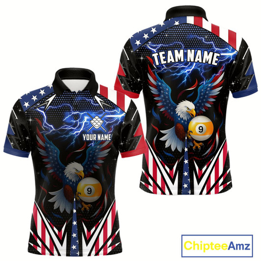 Goofygear American Flag Eagle 9 Ball Pool Lightning Billiard Shirt For Men Custom Patriotic Billiard Jersey