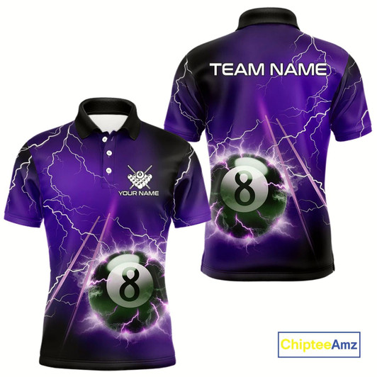 Goofygear Personalized Purple 3D Thunder Lightning 8 Ball Pool Billiard Shirt For Men, Billiard Team Jersey