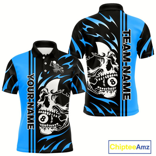 Goofygear Personalized Blue 8 Ball Skull Billiard Shirt For Men Custom Pool Team Jersey, Billiard Outfit