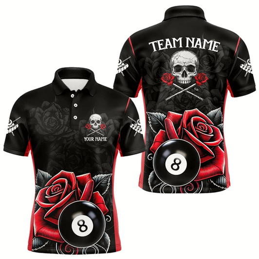 Goofygear Black And Red 8 Ball Pool And Roses Custom Skull Billiard Shirts For Men, Unique Billiard Jerseys