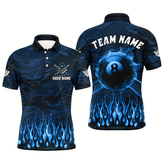 Goofygear Personalized Blue Flaming 8 Ball Pool Cue Fire Billiard Shirts For Men Team League Billiard Jersey