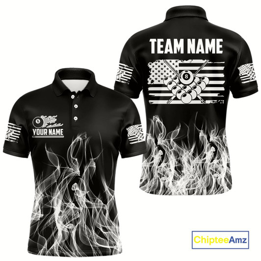 Goofygear White Black Flaming American Flag Men Billiard Shirt Custom Patriotic Pool Player Billiard Jersey