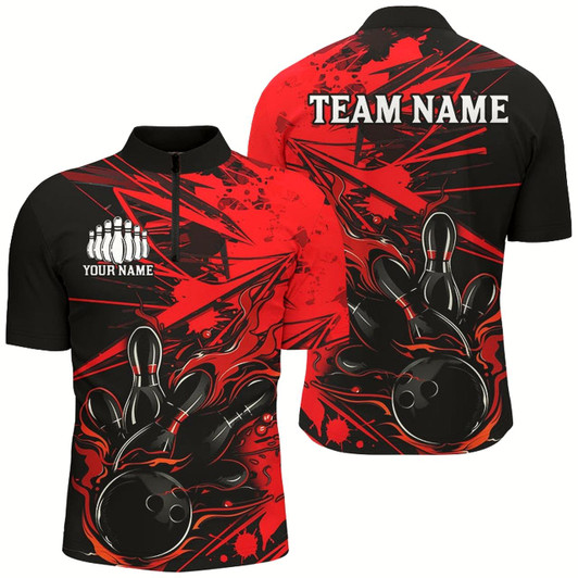 Goofygear Black And Red Custom Flame Bowling Shirts For Men, Bowling Team Uniform Bowler Outfits
