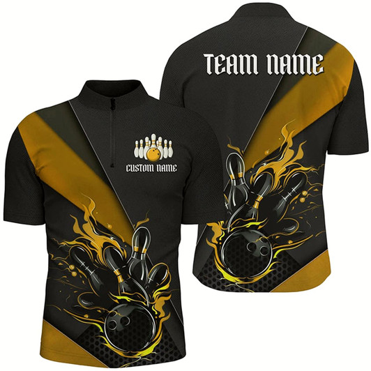 Goofygear Black And Yellow Custom Flame Bowling Tournament Jerseys For Men, Bowling Team Shirts