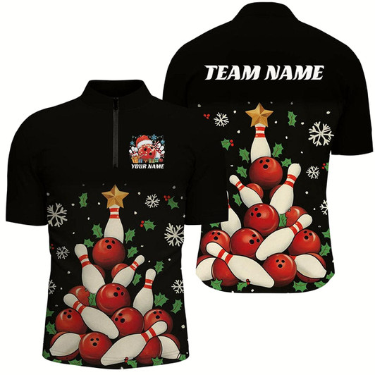 Goofygear Custom Christmas Bowling Shirts For Men, Bowling Balls And Pins Christmas Tree Outfits