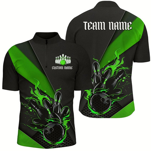 Goofygear Custom Black And Green Bowling Team Shirts For Men, Flame Bowling Tournament Jerseys