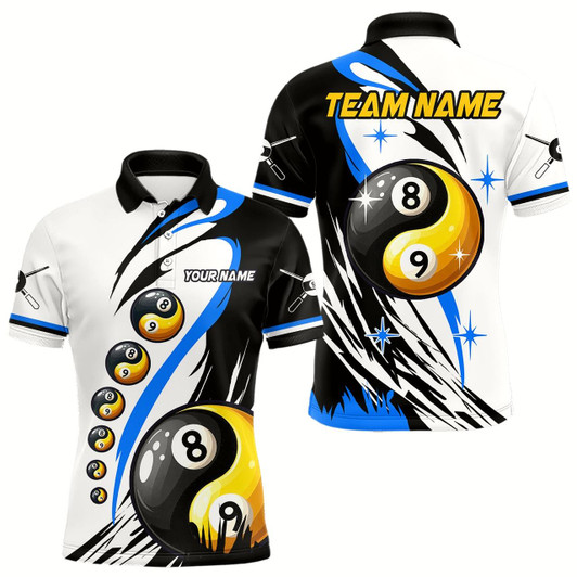 Goofygear Personalized Yin-Yang Billiard Shirt For Men Custom 8 & 9 Ball Funny Pool Team Jersey Blue