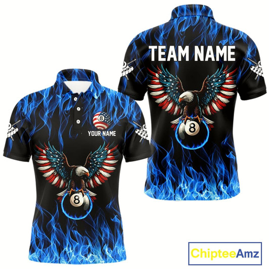 Goofygear Blue Flaming American Flag Eagle 8 Ball Billiard Shirt For Men Custom Patriotic Pool Team Jersey