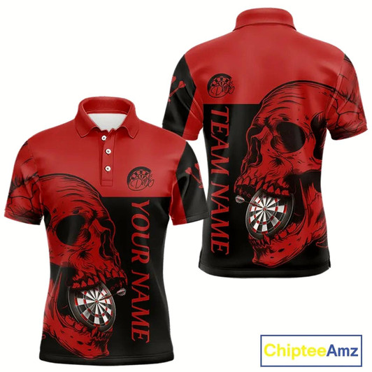 Goofygear Custom Red Black Skull Dartboards Dart Shirts For Men, Dart Team Jerseys