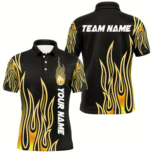 Goofygear Fire Flame Yellow 9 Ball Pool Custom Black Billiard Shirts For Men, Best 9 Ball Jerseys Apparel