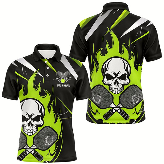 Goofygear Custom Green Flame Pickleball Shirts For Men, Skull Pickleball Jerseys For Team