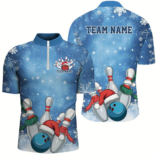 Goofygear Blue Snowflake Custom Christmas Bowling Shirts For Men, Xmas Bowling Team Uniform Bowler Outfit Style 3