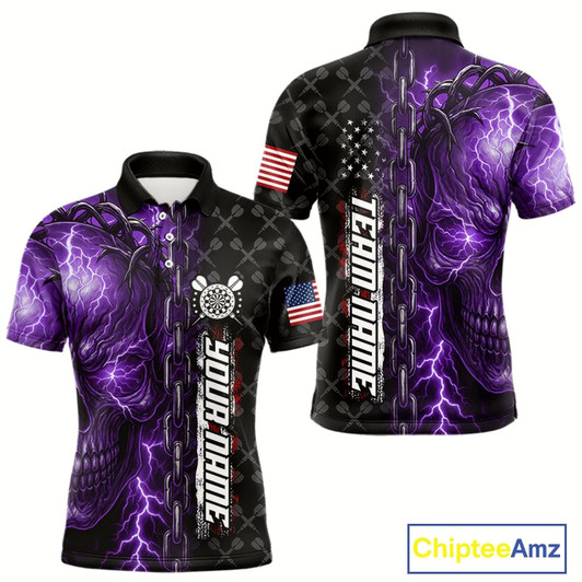 Goofygear Personalized Purple Darts Skull Thunder Lightning Darts Shirt For Men, Us Flag Darts Team Jersey