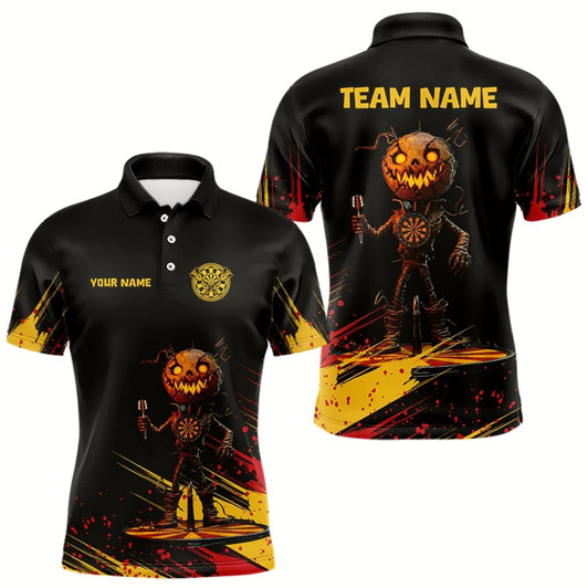 Goofygear Custom Black-Yellow Pumpkins Funny Halloween Dart Shirts For Men Dart Tournament Jerseys Style 2