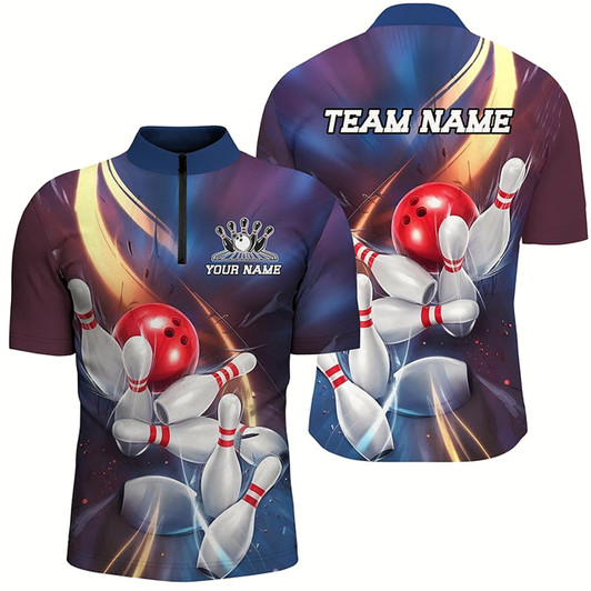 Goofygear Blue Purple And Gold Galaxy Theme Custom Bowling Shirts For Men, Bowling Team Uniform