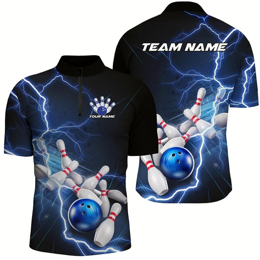 Goofygear Black And Blue Thunder Lightning Custom Striking Bowling Shirts For Men, Bowling Team Uniform