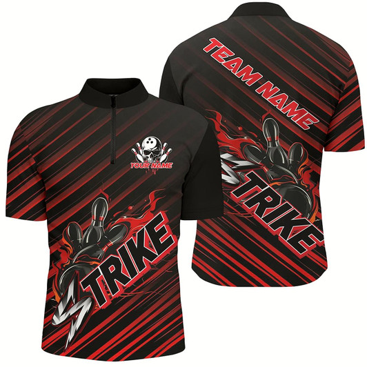 Goofygear Custom Black And Red Flame Strike Bowling Shirts For Men, Bowling League Bowling Uniform