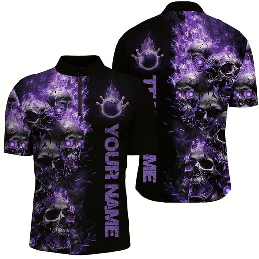 Goofygear Custom Purple Flame Skull Bowling Shirts For Men, Halloween Bowling Outfits For Bowling Team