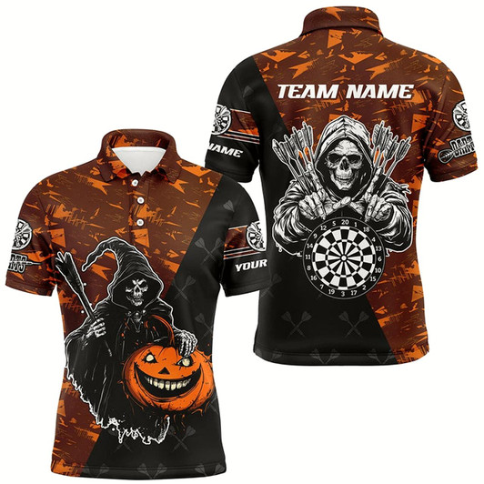 Goofygear Personalized Orange Abstract Death Skeleton Halloween Darts Shirts For Men, Scary Darts Jerseys