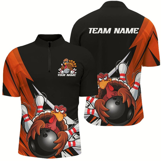 Goofygear Black And Orange Custom Funny Turkey Bowling Team Shirts For Men, Thanksgiving Bowling Outfit