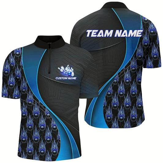 Goofygear Flame Bowling Ball Pattern Custom Bowling Shirts For Men , Bowling Team Jerseys Blue