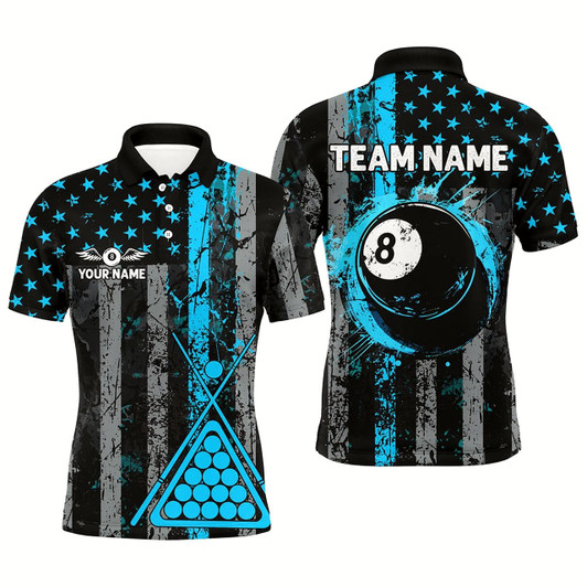 Goofygear Custom Blue Grunge Us Flag Patriotic Billiard Shirt For Men, Retro 8 Ball Pool Billiard Team Jersey Style 1