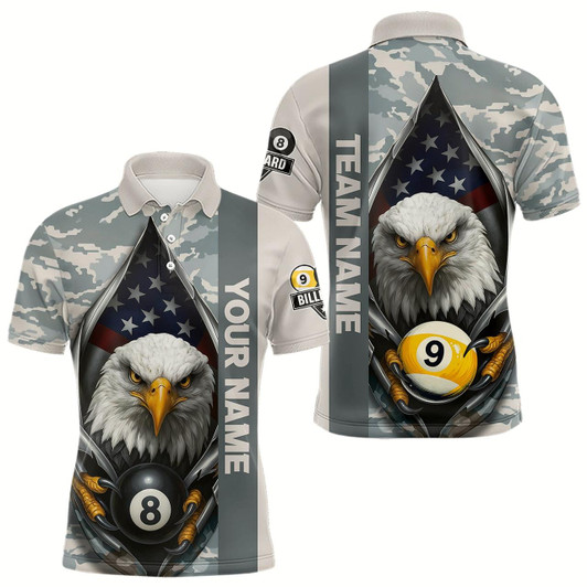 Goofygear Grey Camo American Flag Eagle 8 Ball & 9 Ball Pool Jersey For Men Custom Billiard Team Shirt