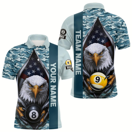 Goofygear Blue Camo American Flag Eagle 8 Ball & 9 Ball Pool Jersey For Men Custom Billiard Team Shirt